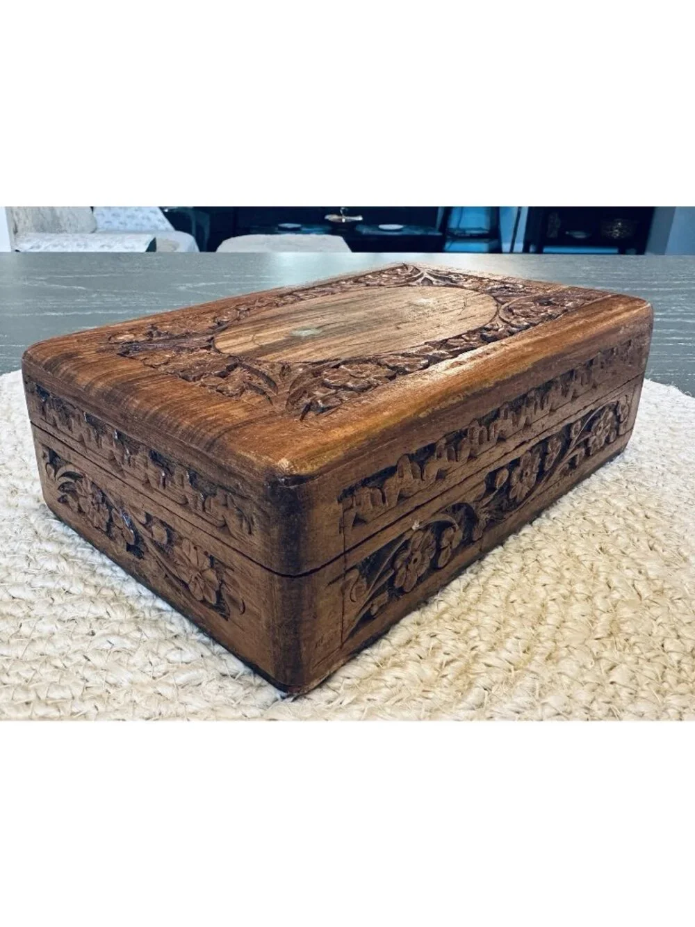 Vintage Carved Wooden Trinket Box Made in India Hinged Lined with Brass Inlay 8”